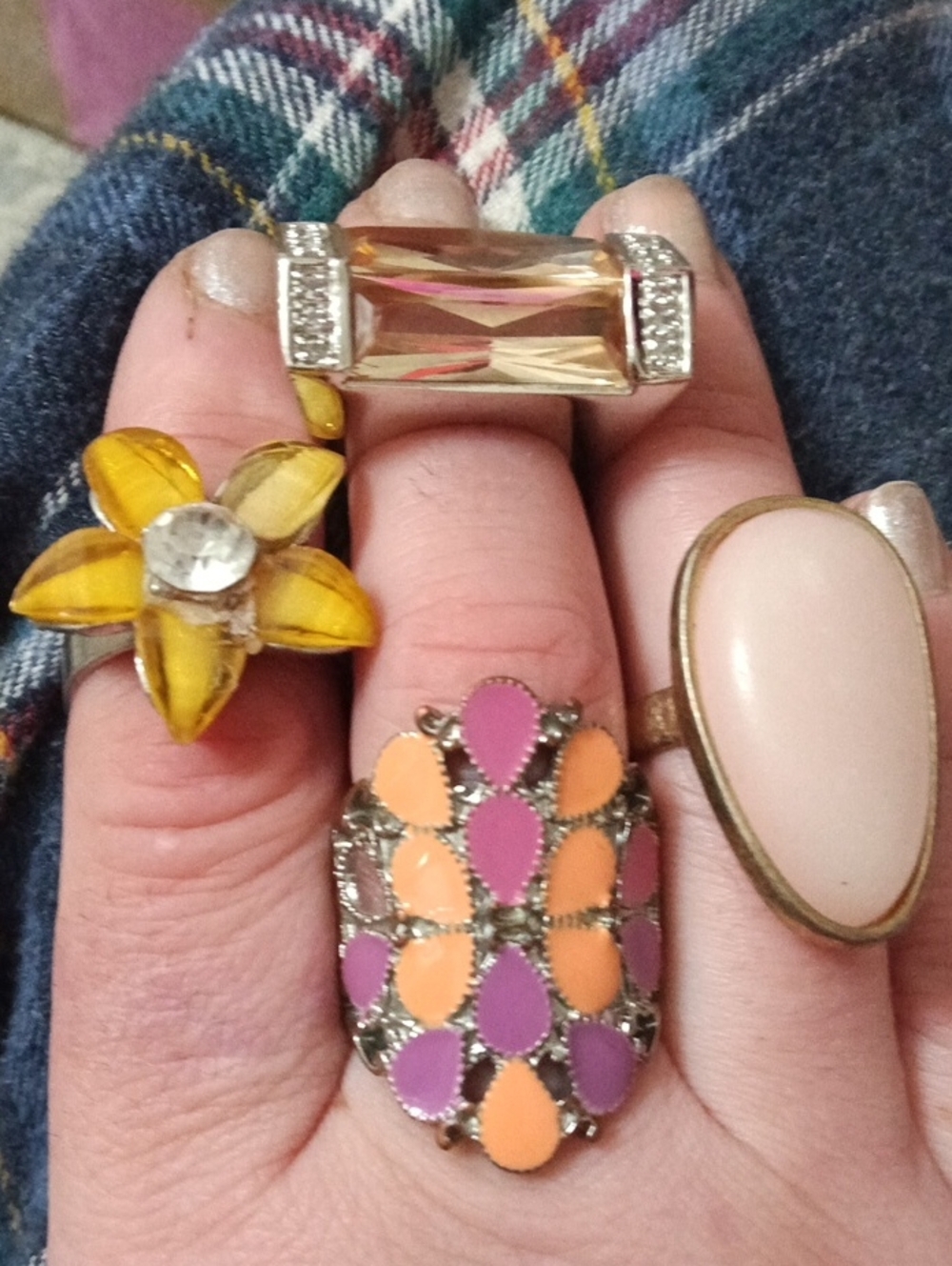 Colorful Enamel Flower & Teardrop Ring Set - Pink, Orange, Yellow, Cream